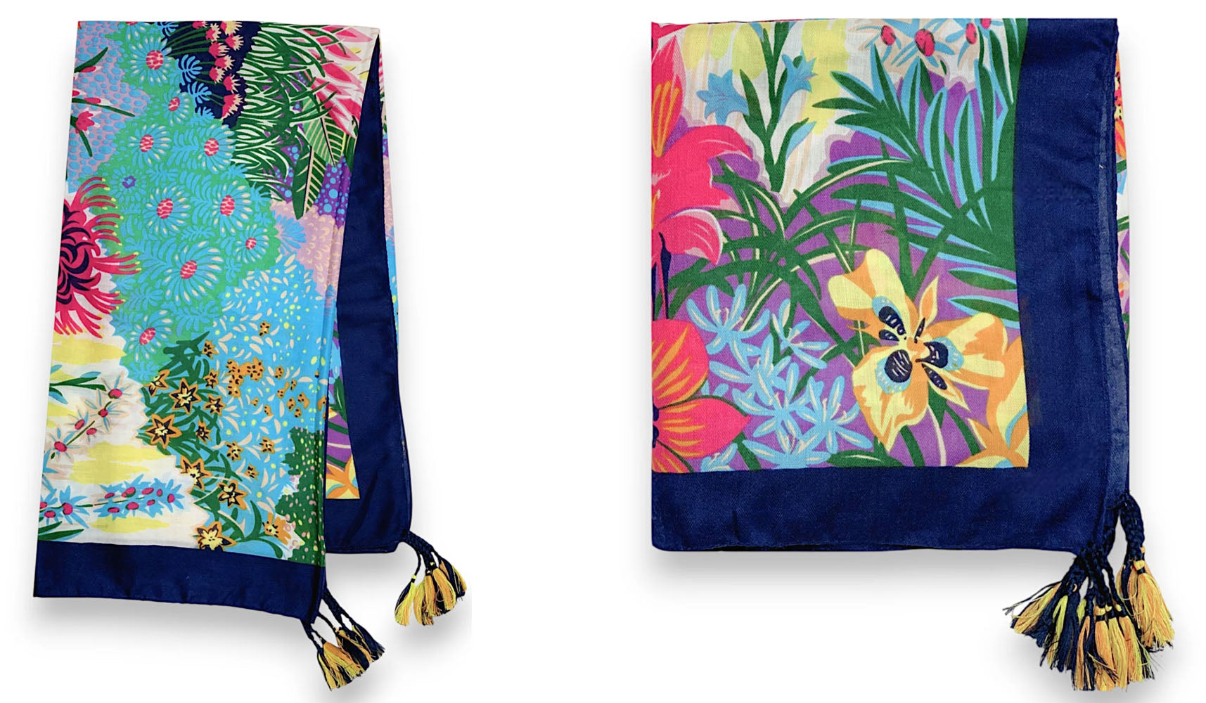 NAVY BLUE GARDEN FLORAL PRINT SQUARE TASSEL SCARF