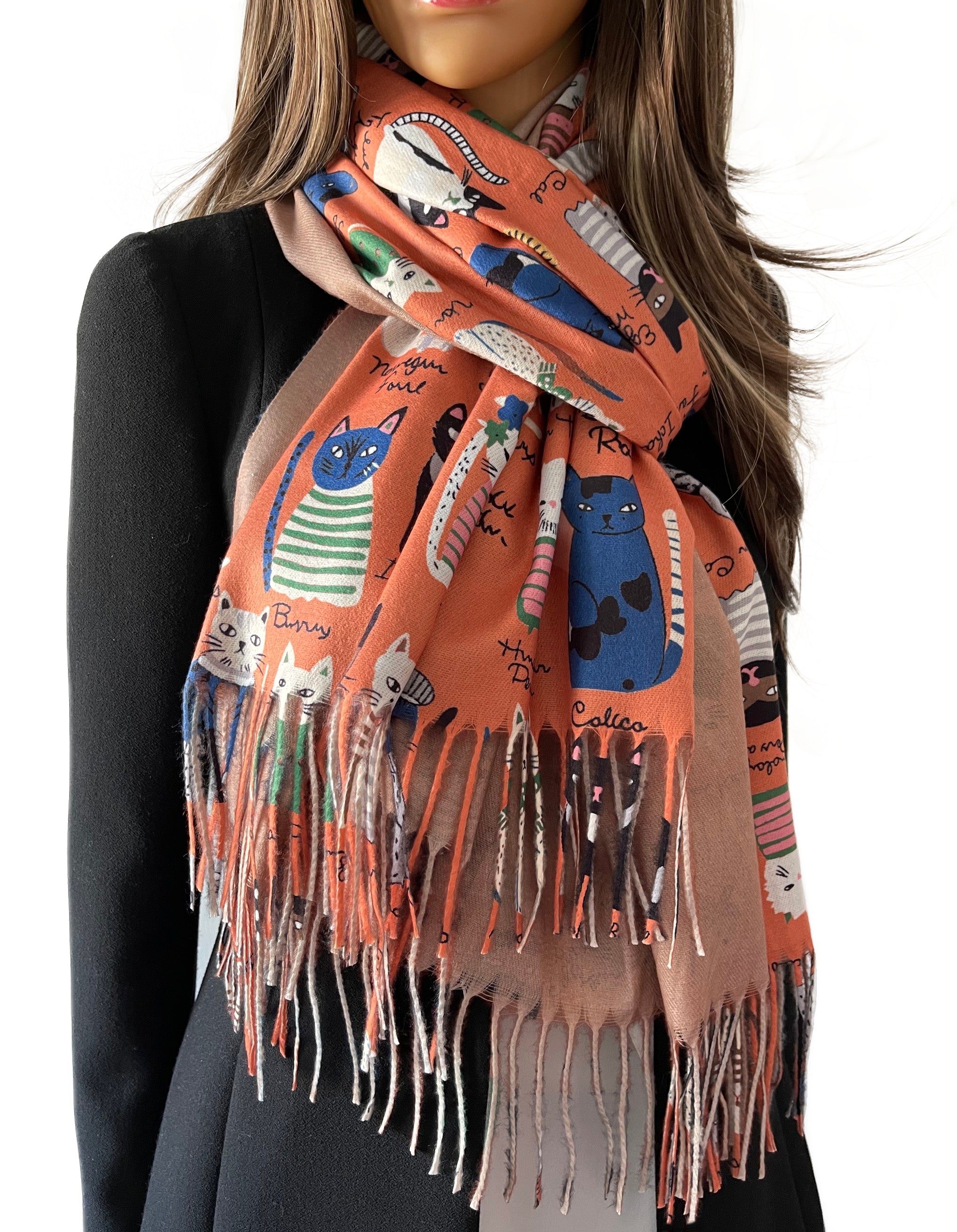 ORANGE CAT PRINT LONG LIGHTWEIGHT SCARF