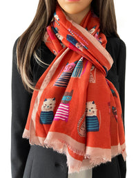 ORANGE RUST COTTON BLEND CAT PRINT LIGHTWEIGHT SCARF