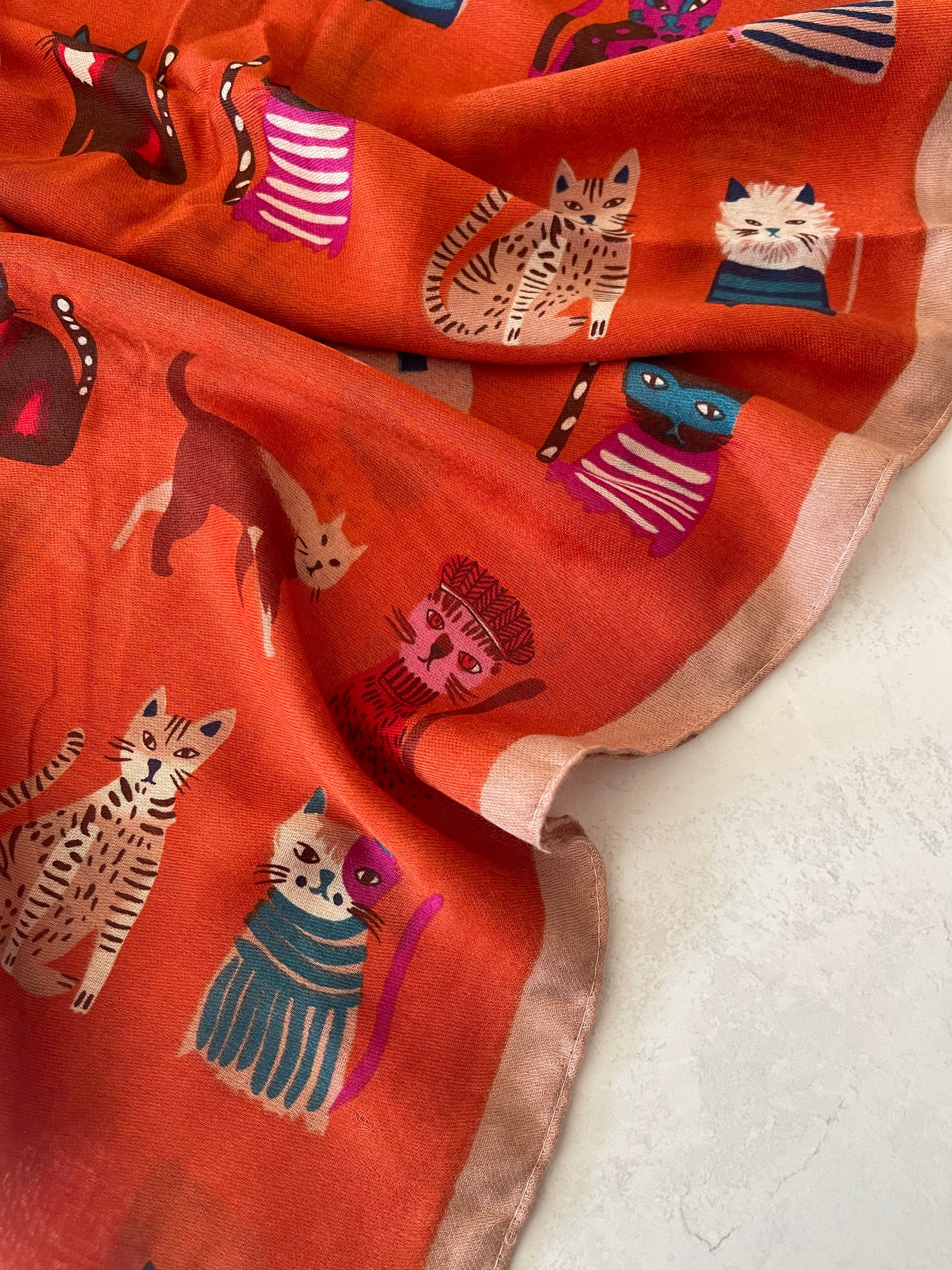 ORANGE RUST COTTON BLEND CAT PRINT LIGHTWEIGHT SCARF