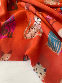 ORANGE RUST COTTON BLEND CAT PRINT LIGHTWEIGHT SCARF