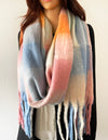 PINK BLUE CHECKED WOOL RAINBOW BLANKET SCARF OVERSIZED WINTER SHAWL WRAP