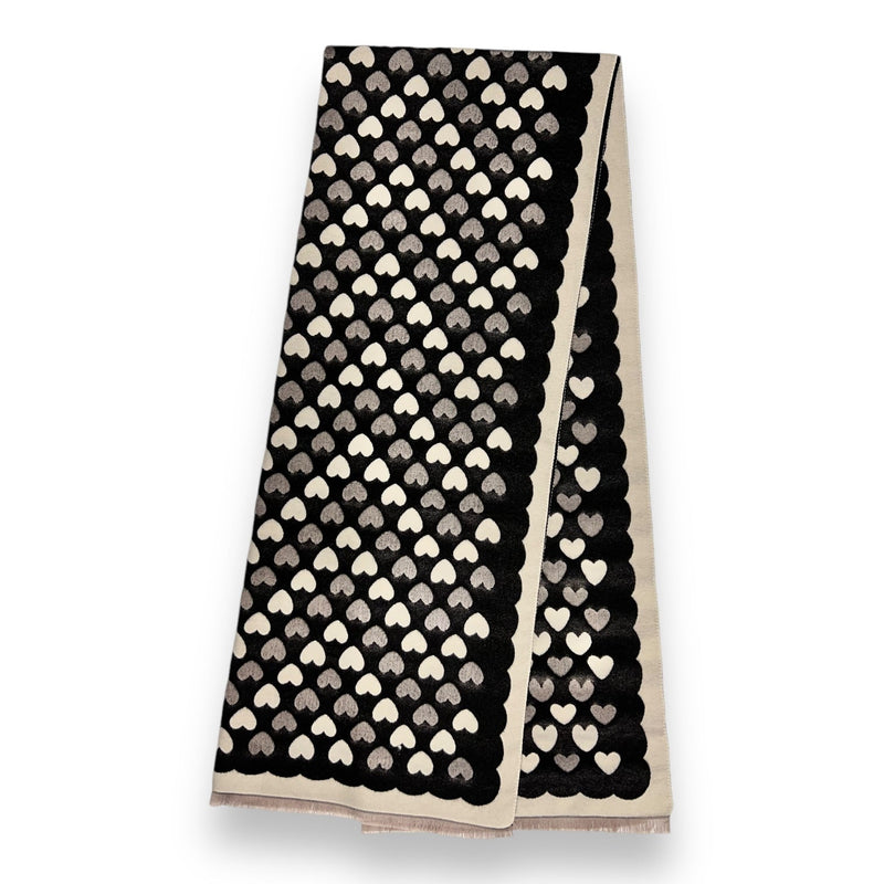 LARGE BLACK HEART PRINT REVERSIBLE CASHMERE WINTER SHAWL BLANKET SCARF