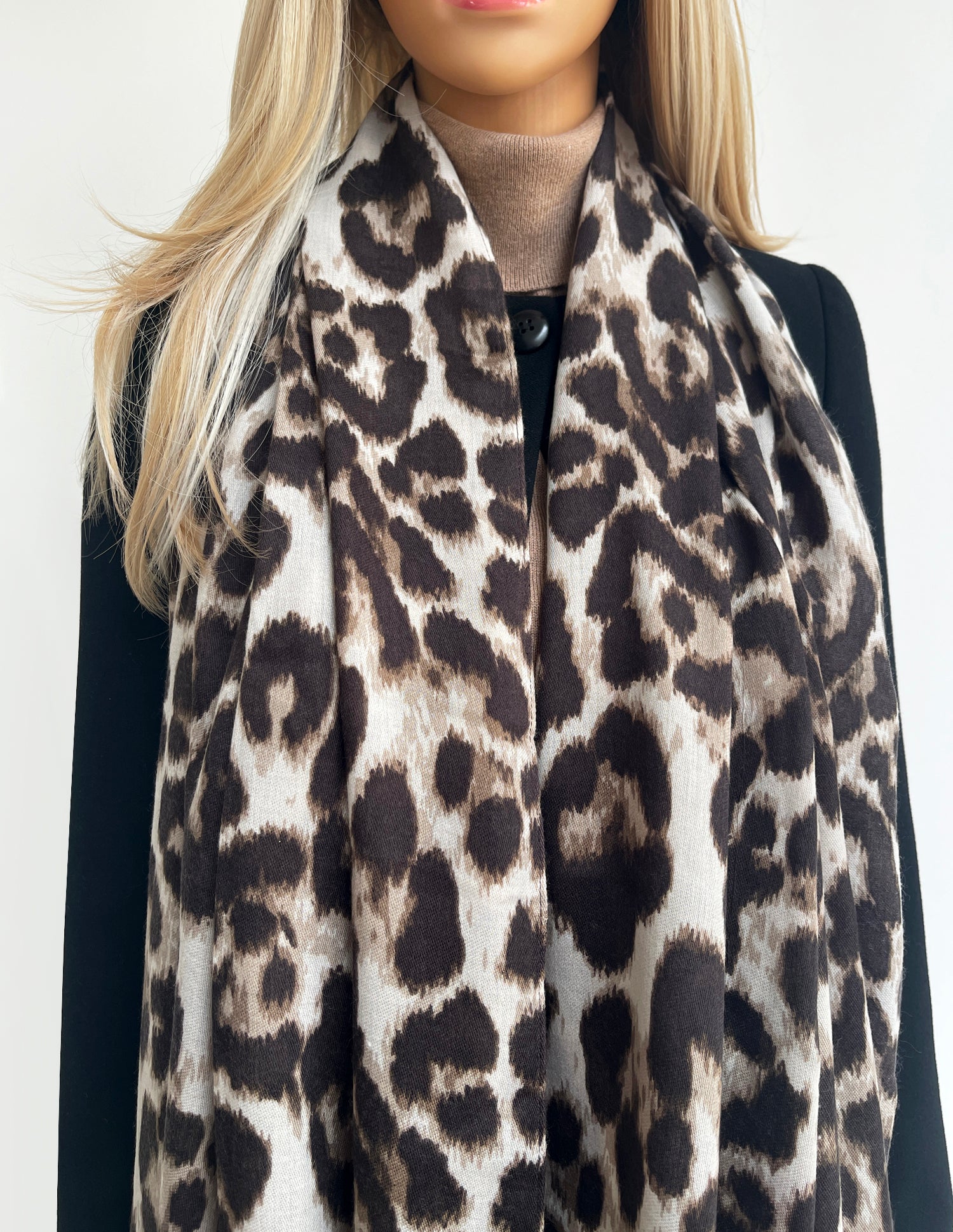 TAUPE COTTON BLEND CLASSIC LEOPARD PRINT SCARF