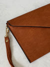 BROWN OVER-SIZED ENVELOPE CLUTCH BAG WITH LONG CROSS BODY AND WRISTLET STRAP