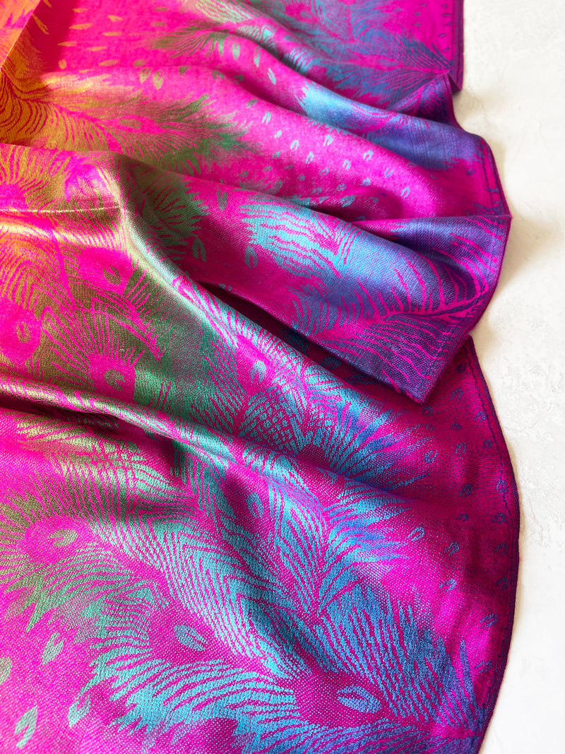 LARGE FUCHSIA PINK RAINBOW FEATHER AND LEAF PRINT PASHMINA SHAWL SCARF