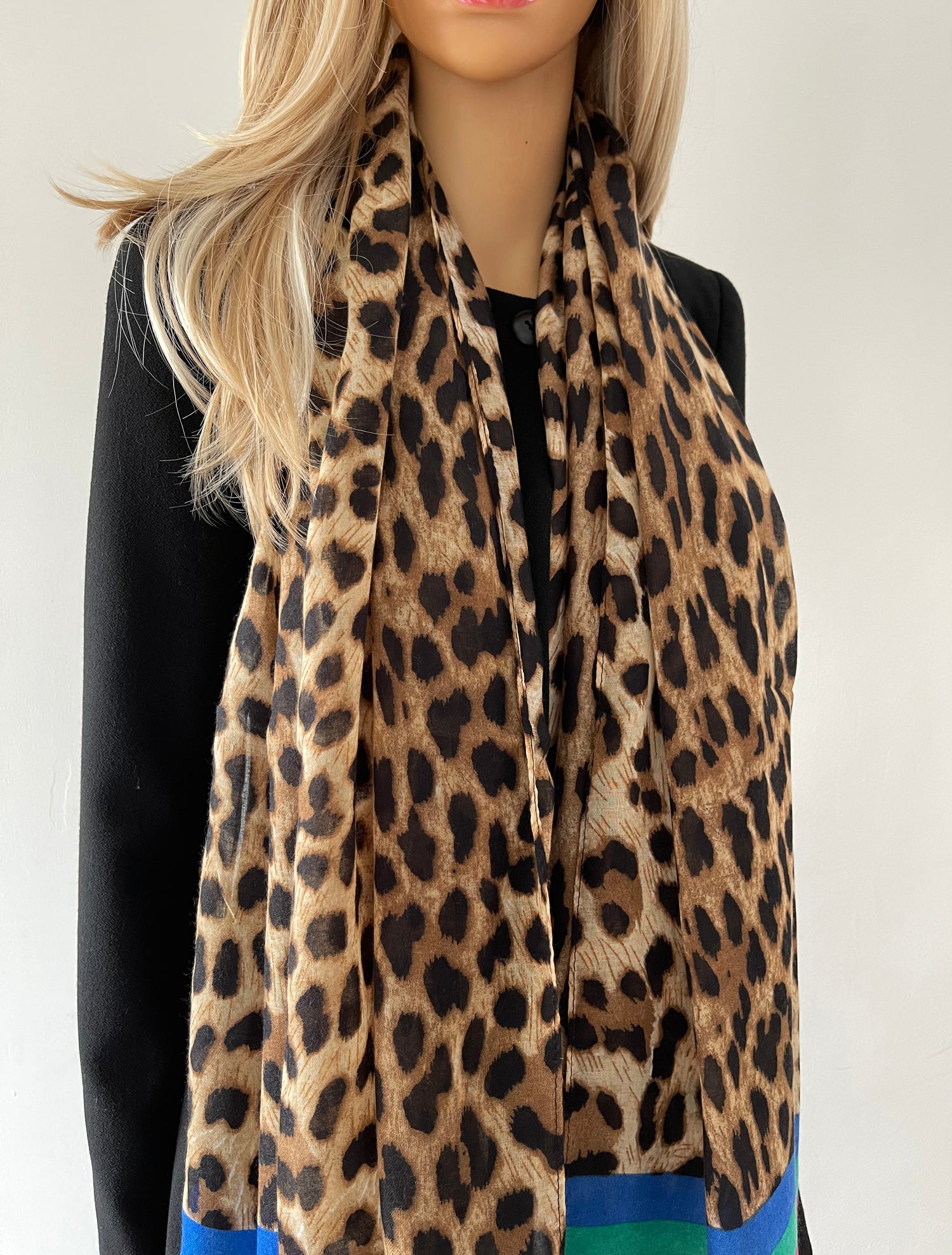 LARGE LEOPARD PRINT SHAWL SCARF WITH MULTI COLOUR RAINBOW STRIPES