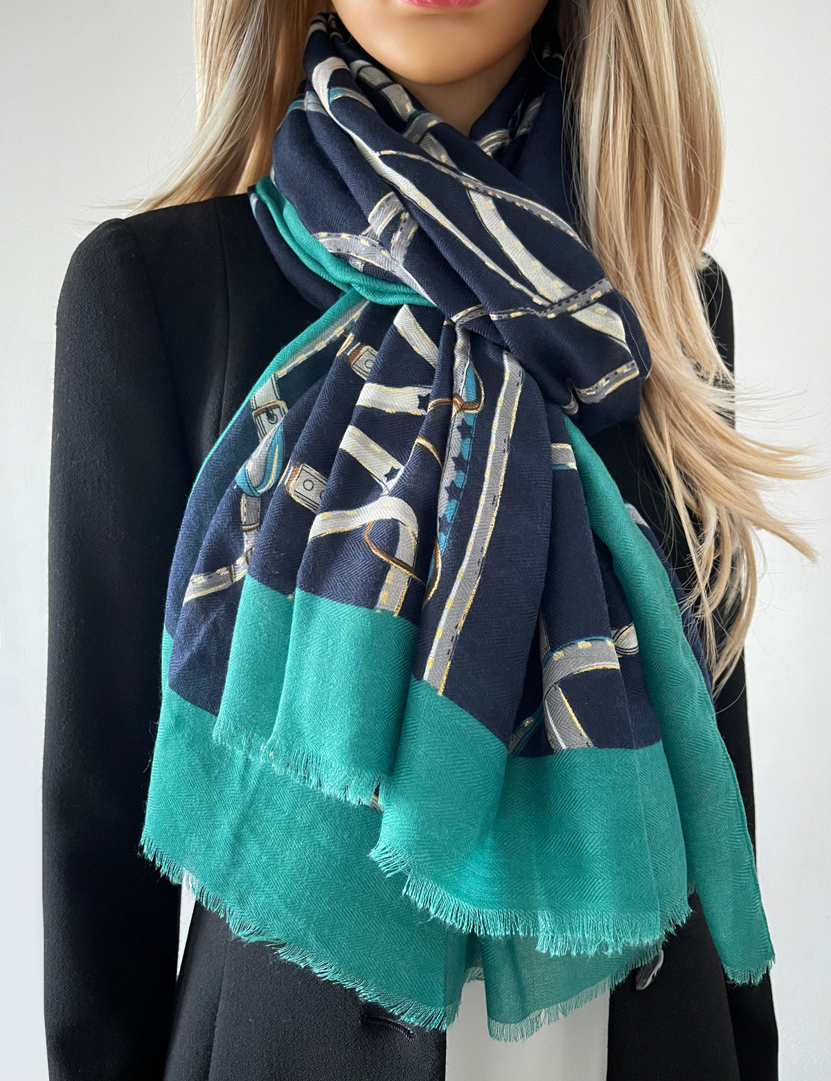 LARGE NAVY BLUE CONTEMPORARY BUCKLE PRINT PASHMINA SHAWL SCARF