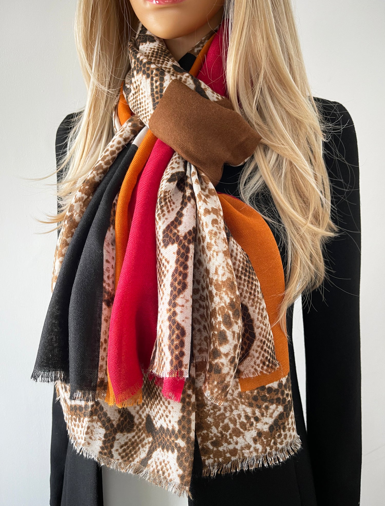 LARGE RED BLOCK PRINT SNAKESKIN SHAWL SCARF