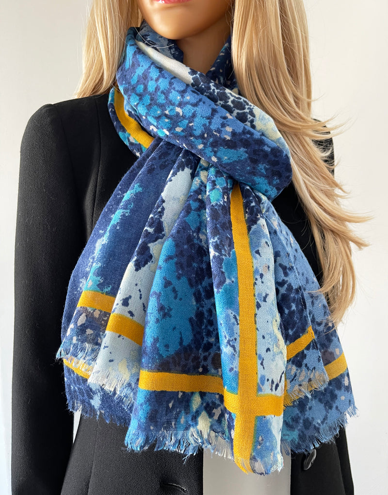 LARGE BLUE SNAKESKIN PRINT SHAWL SCARF WITH STRIPE