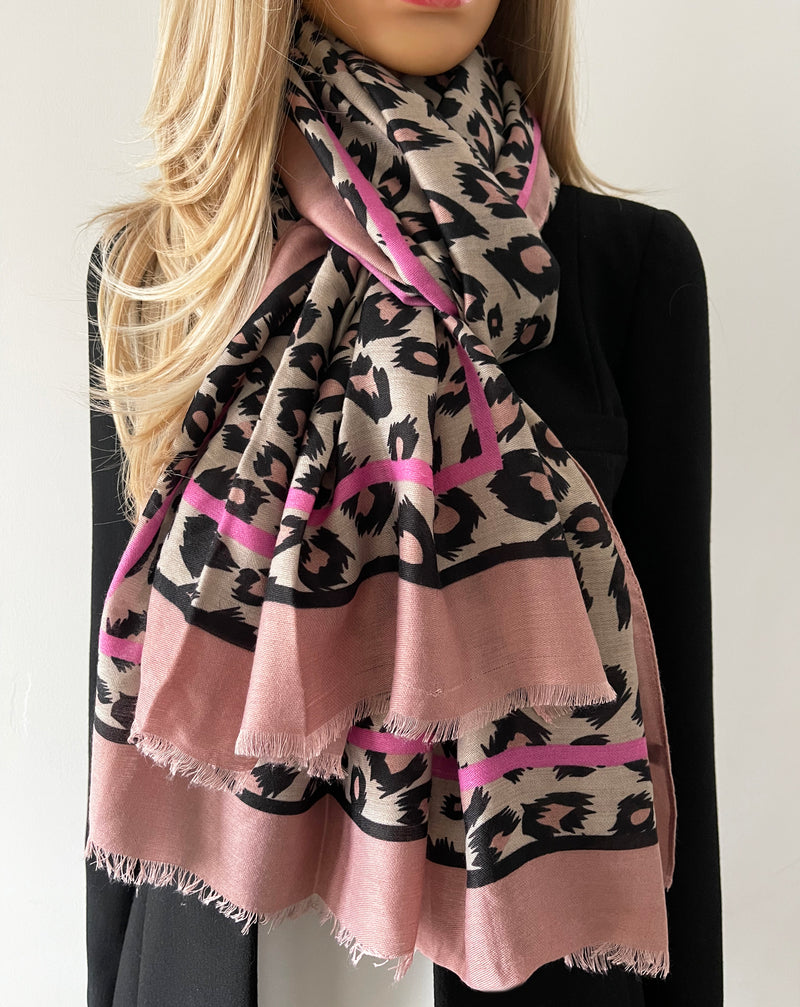 LARGE BLUSH PINK STRIPE LEOPARD PRINT SCARF