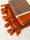 LARGE BURNT ORANGE DIAMOND PRINT SHAWL SCARF WITH TASSELS