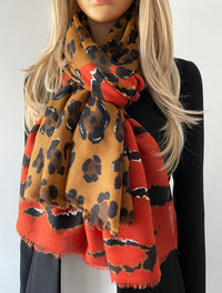 LARGE DEEP ORANGE ZEBRA AND LEOPARD PRINT SHAWL SCARF