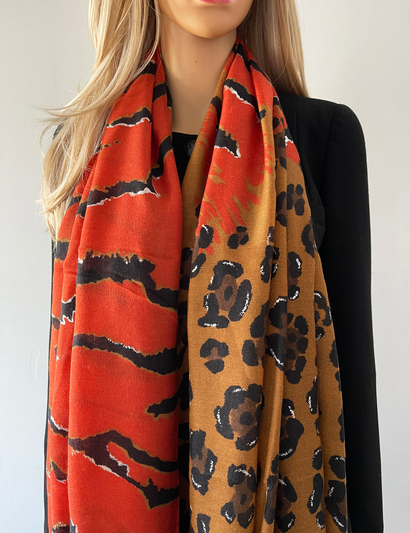 LARGE DEEP ORANGE ZEBRA AND LEOPARD PRINT SHAWL SCARF