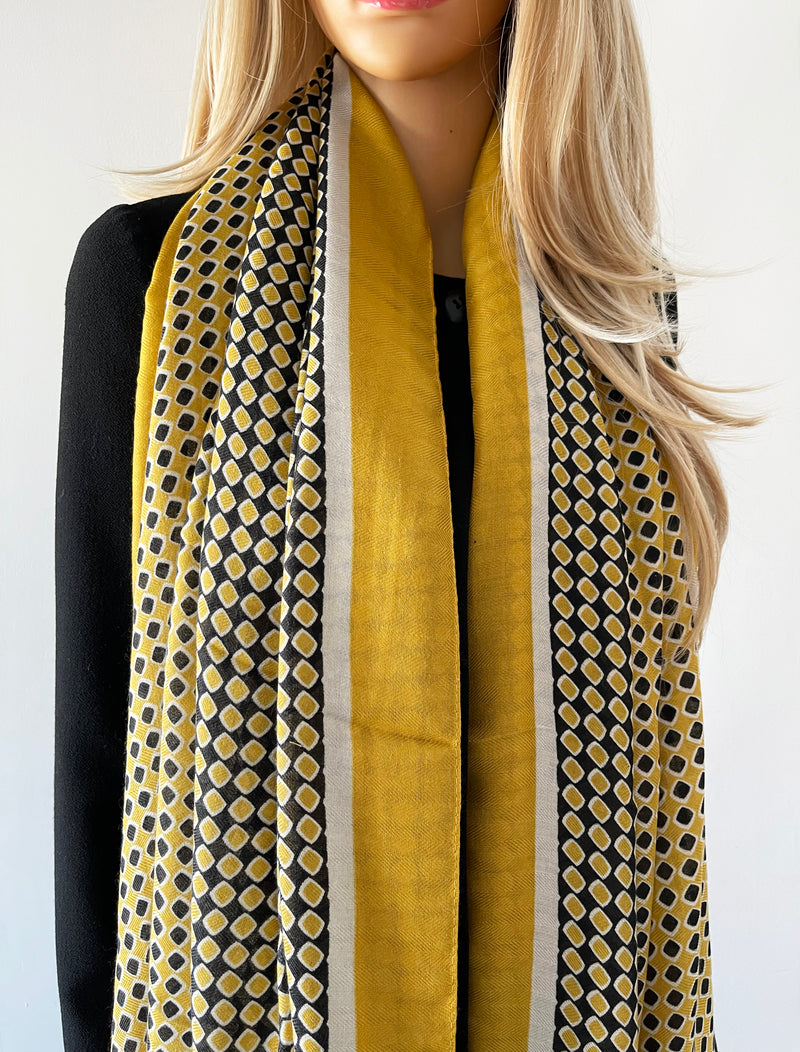 LARGE MUSTARD YELLOW DIAMOND PRINT SHAWL SCARF WITH TASSELS