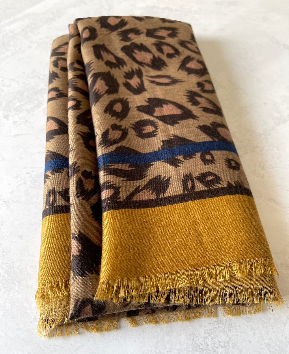 LARGE MUSTARD YELLOW STRIPE LEOPARD PRINT SCARF