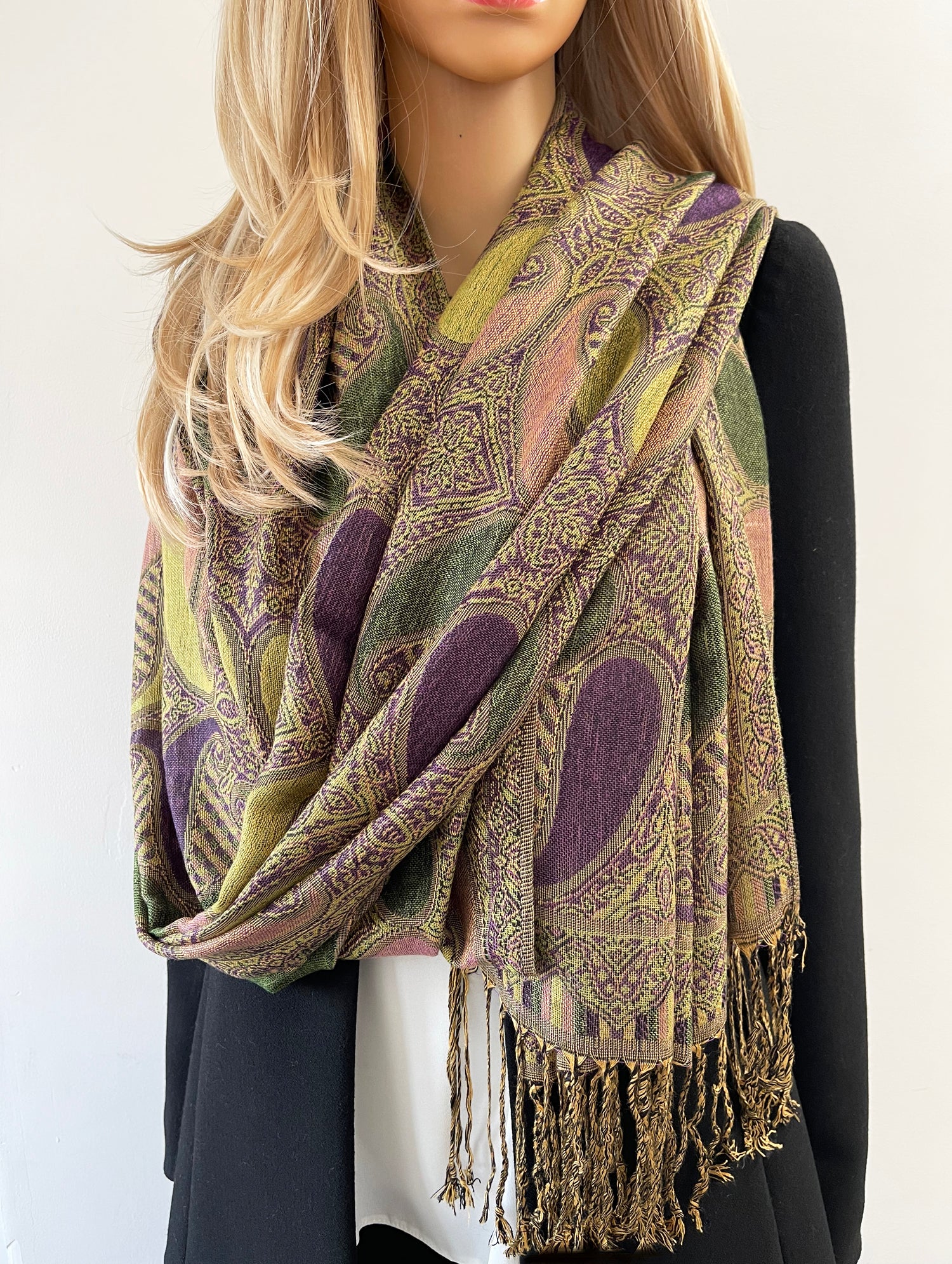 LARGE PURPLE GINGHAM PAISLEY PRINT REVERSIBLE PASHMINA SHAWL SCARF