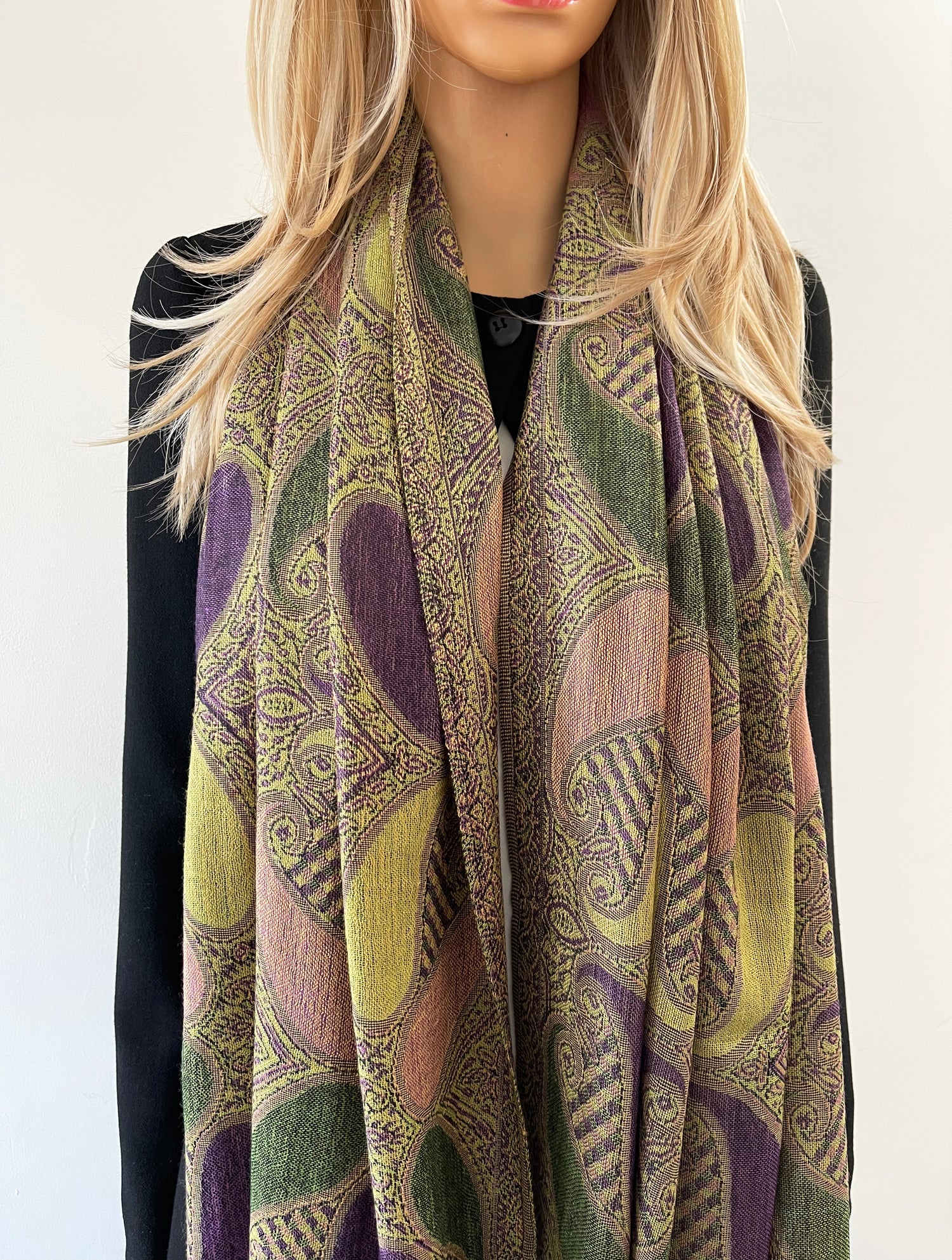 LARGE PURPLE GINGHAM PAISLEY PRINT REVERSIBLE PASHMINA SHAWL SCARF