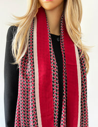 LARGE RED DIAMOND PRINT SHAWL SCARF WITH TASSELS