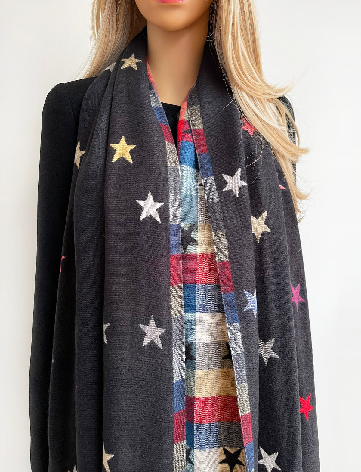 LARGE BLACK STAR PRINT REVERSIBLE CHECKED WINTER SHAWL BLANKET SCARF
