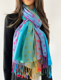 LARGE BLUE MULTI-COLOUR DOT PRINT PASHMINA SHAWL SCARF