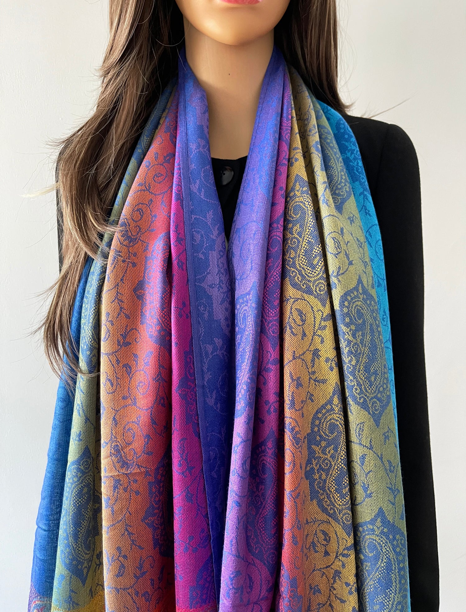 LARGE DARK MULTI-COLOUR PAISLEY PRINT PASHMINA SHAWL SCARF