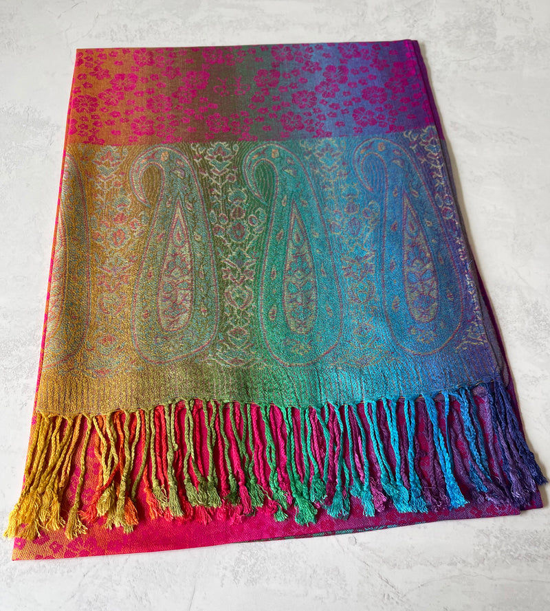 LARGE FUSCHIA PINK RAINBOW FLORAL PAISLEY PASHMINA SHAWL SCARF