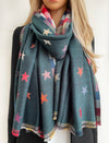 LARGE GREEN STAR PRINT REVERSIBLE CHECKED WINTER SHAWL BLANKET SCARF
