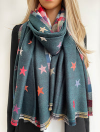 LARGE GREEN STAR PRINT REVERSIBLE CHECKED WINTER SHAWL BLANKET SCARF