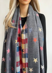 LARGE GREY STAR PRINT REVERSIBLE CHECKED WINTER SHAWL BLANKET SCARF