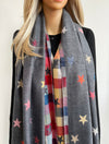 LARGE GREY STAR PRINT REVERSIBLE CHECKED WINTER SHAWL BLANKET SCARF