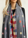 LARGE GREY STAR PRINT REVERSIBLE CHECKED WINTER SHAWL BLANKET SCARF
