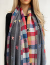 LARGE GREY STAR PRINT REVERSIBLE CHECKED WINTER SHAWL BLANKET SCARF