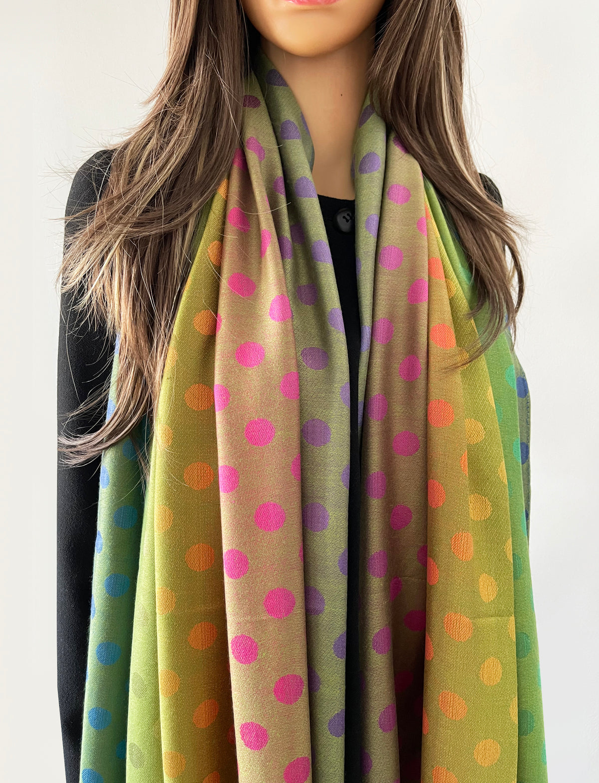 LARGE LIME YELLOW MULTI-COLOUR DOT PRINT PASHMINA SHAWL SCARF