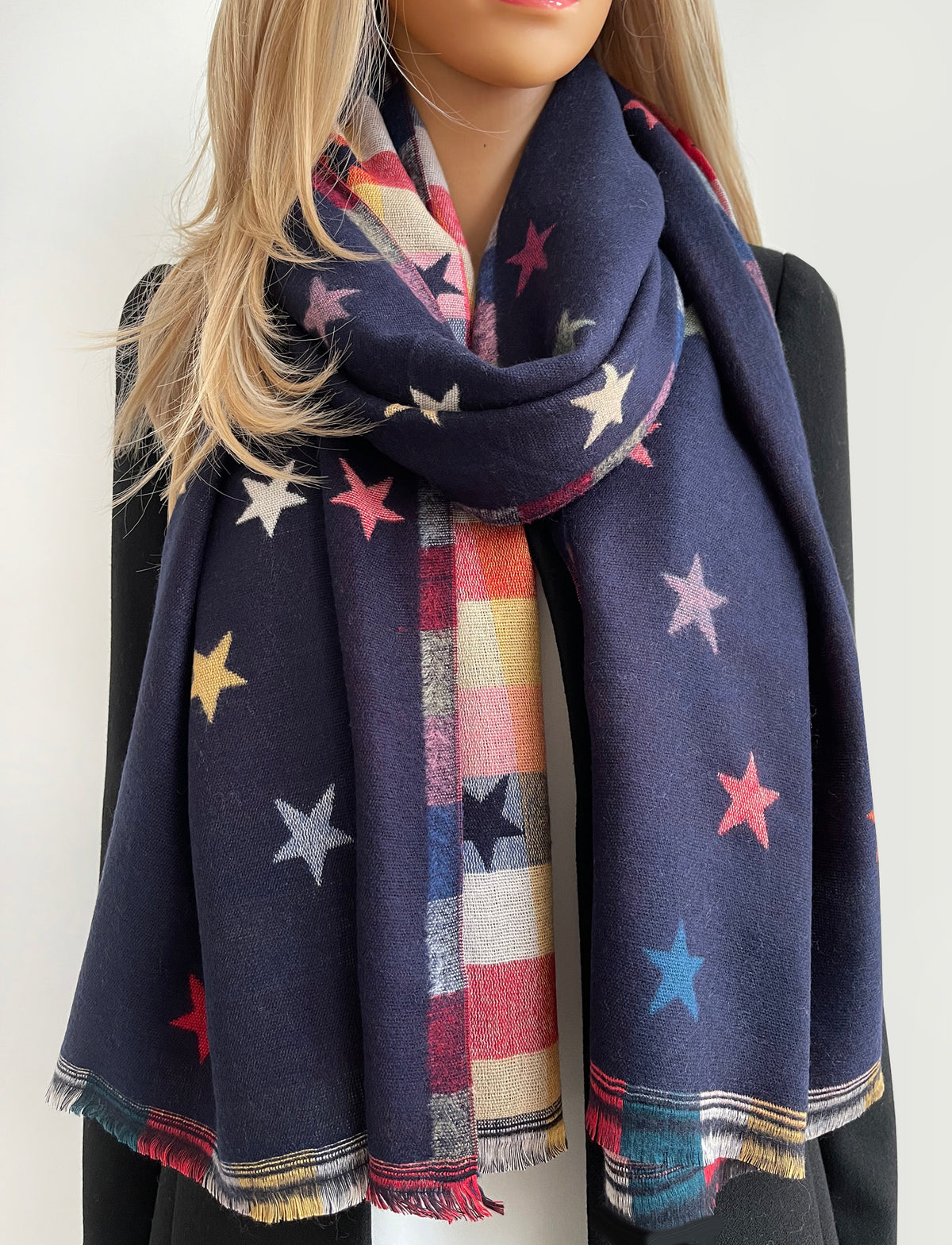 Navy Blue Star Print Reversible Checked Winter Shawl Blanket Scarf