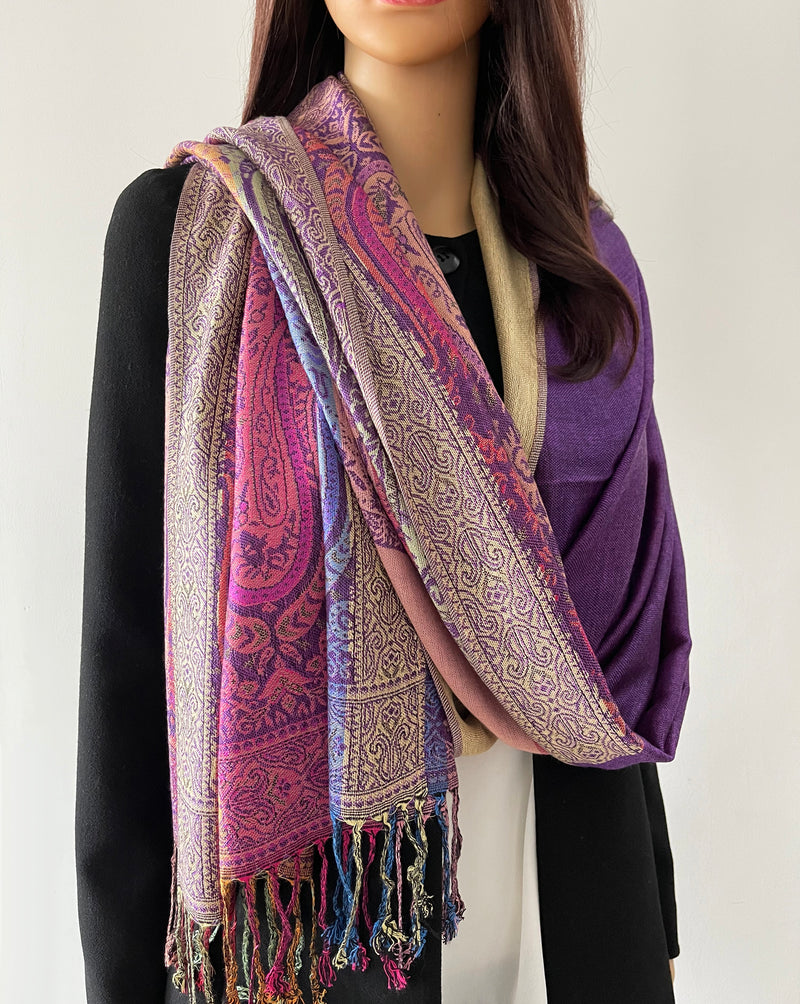 LARGE PURPLE RAINBOW MULTI COLOUR PAISLEY PRINT PASHMINA SHAWL SCARF