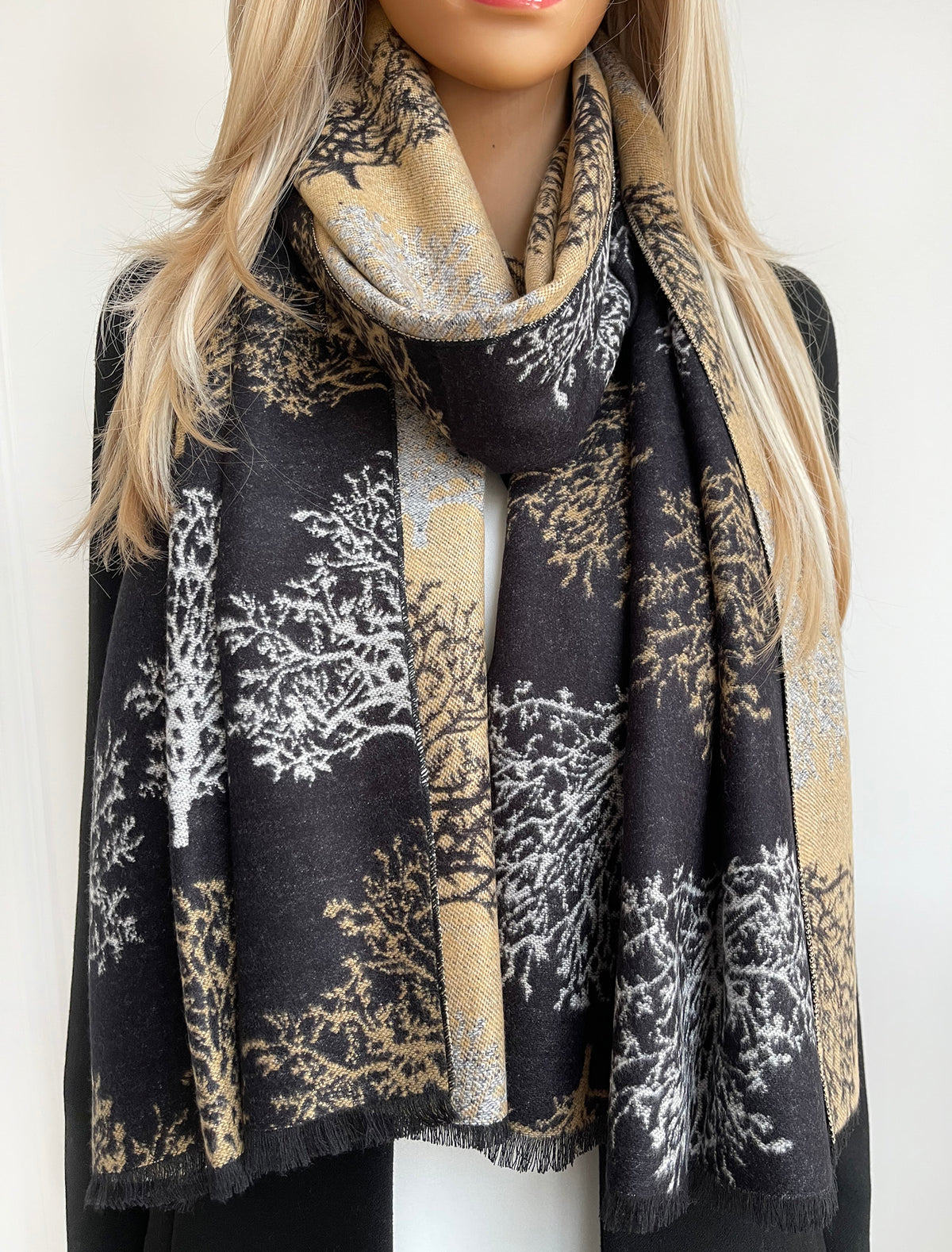 Thick Black Tree Print Reversible Winter Shawl Blanket Scarf