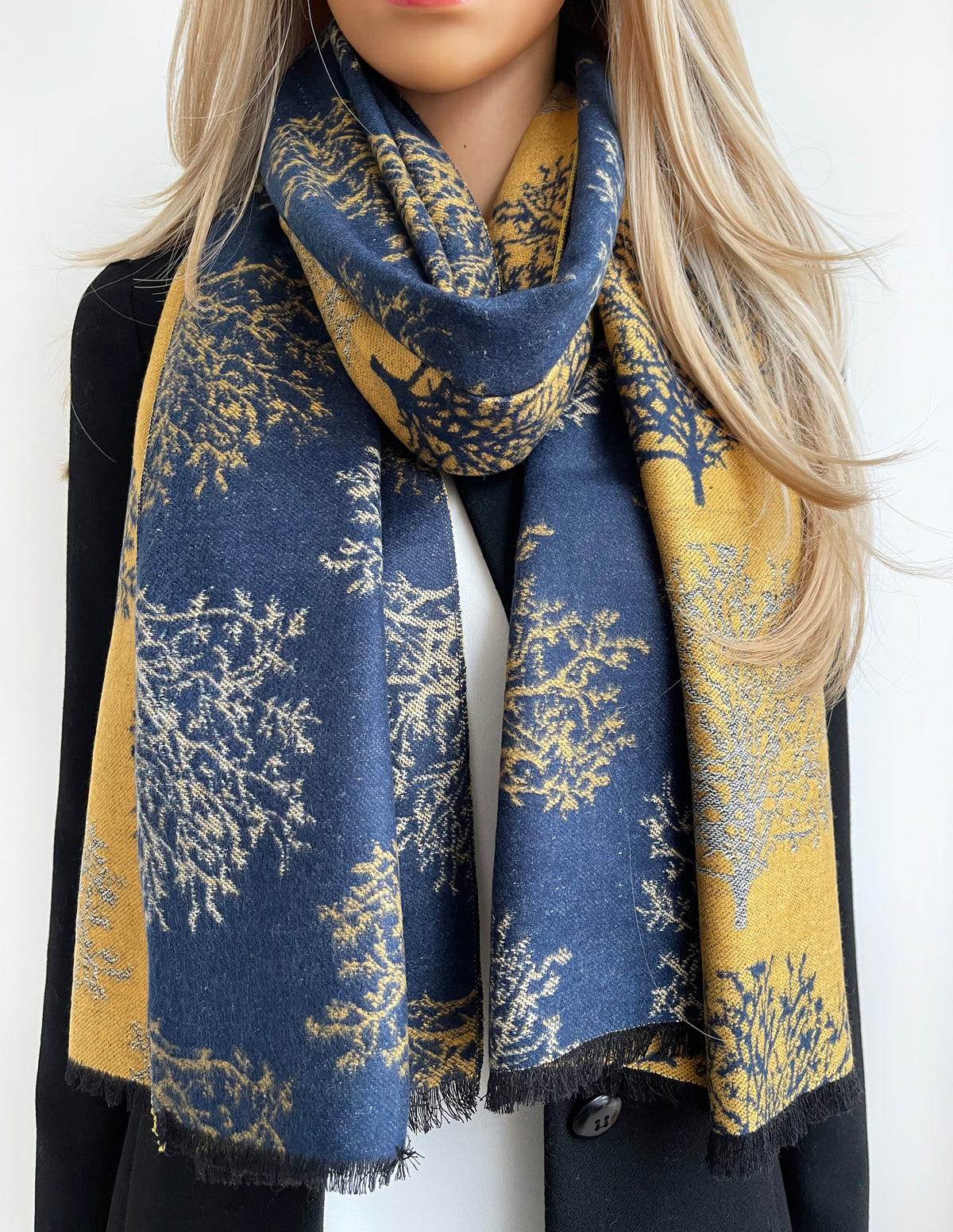 LARGE THICK NAVY MUSTARD TREE PRINT REVERSIBLE WINTER SHAWL BLANKET SCARF