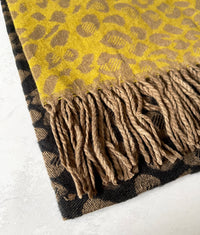 LARGE WOOL MIX THICK LEOPARD PRINT SHAWL - MUSTARD