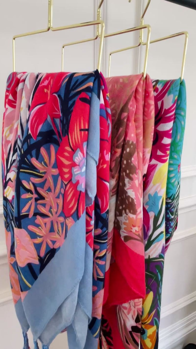 BLUE GARDEN FLORAL PRINT SQUARE TASSEL SCARF