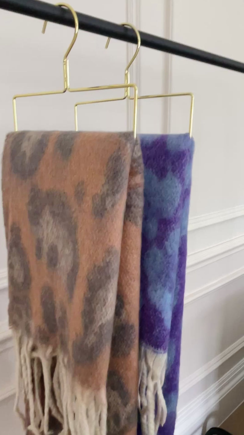 LONG PURPLE WOOL MIX FLUFFY OVERSIZED LEOPARD PRINT SCARF
