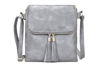 LARGE LIGHT GREY TASSEL MULTI COMPARTMENT CROSS BODY SHOULDER BAG WITH LONG STRAP