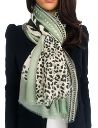 LARGE MINT GREEN COTTON MIX TIGER AND LEOPARD PRINT SHAWL SCARF