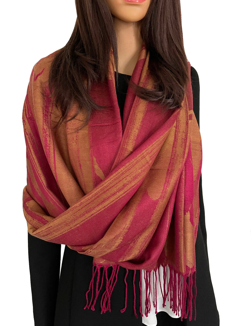 BERRY BRONZE REVERSIBLE PASHMINA SHAWL SCARF IN ABSTRACT FLORAL PRINT