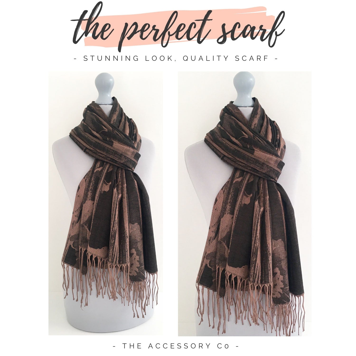 BLACK BRONZE REVERSIBLE PASHMINA SHAWL SCARF IN ABSTRACT FLORAL PRINT