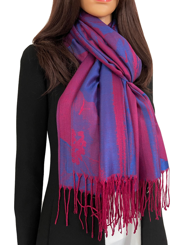 BLUE BERRY REVERSIBLE PASHMINA SHAWL SCARF IN ABSTRACT FLORAL PRINT