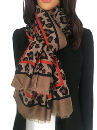 LARGE TAUPE BROWN AND ORANGE STRIPE LEOPARD PRINT SCARF