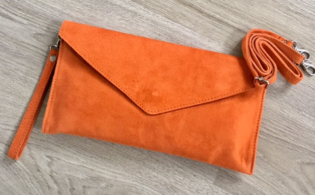 Orange suede clutch bag deals