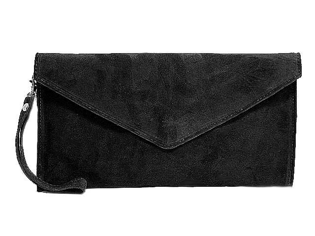 A-SHU GENUINE SUEDE BLACK OVER-SIZED ENVELOPE CLUTCH BAG / SHOULDER BAG WITH LONG SHOULDER STRAP - A-SHU.CO.UK