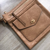 A-SHU LARGE TAUPE BEIGE TURN LOCK MULTI COMPARTMENT CROSS BODY SHOULDER BAG WITH LONG STRAP - A-SHU.CO.UK